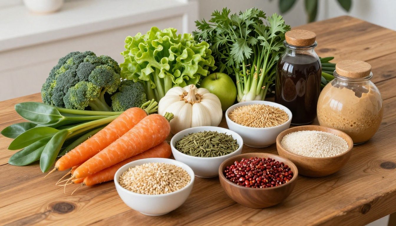 A healthy, balanced and diverse selection of whole, colorful plant-based foods, including vegetables, grains, and fermented items, arranged on a rustic wooden table in soft, natural daylight.