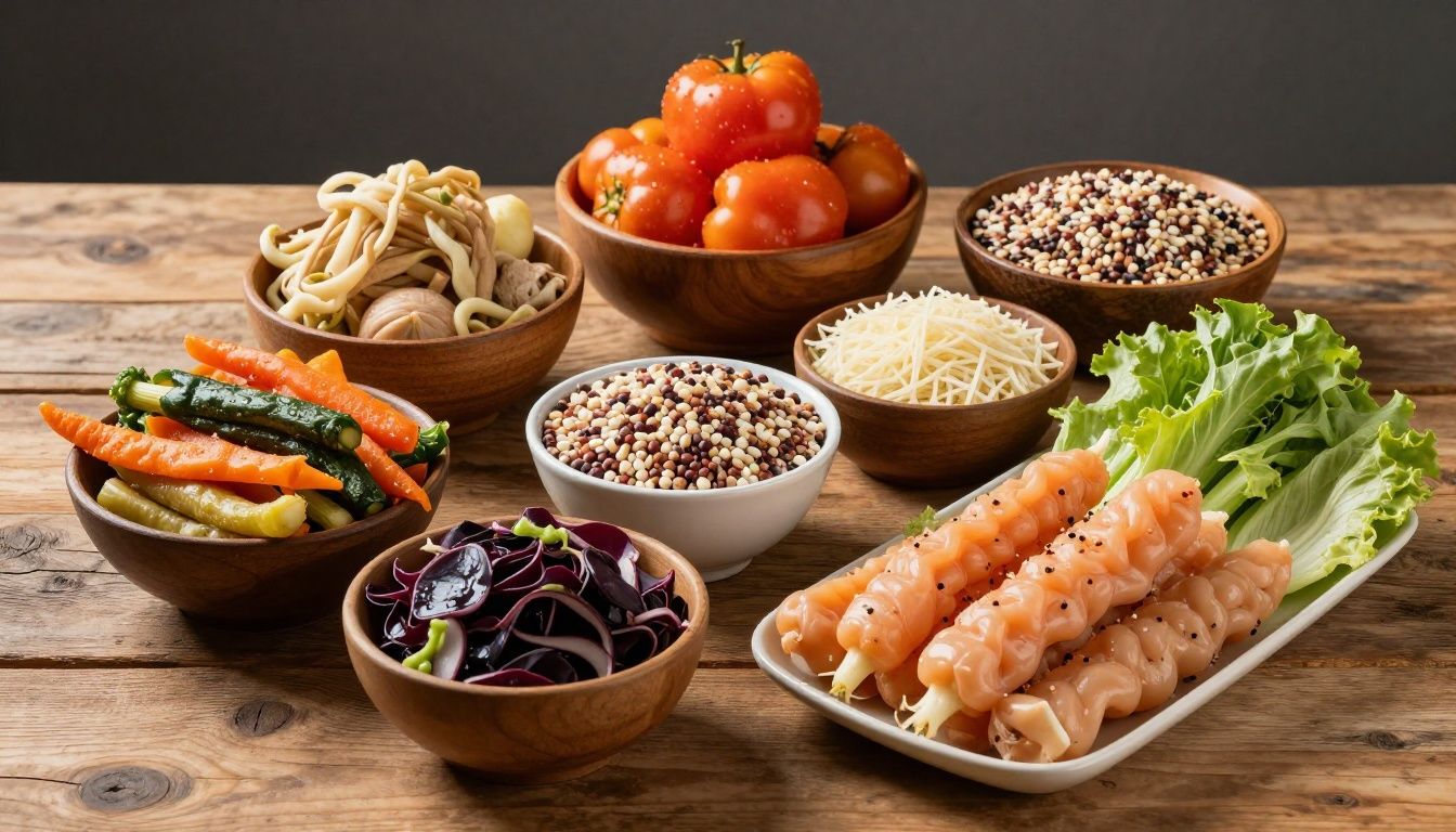 A professional, high-resolution aesthetic photo of colorful, healthy whole foods including fermented vegetables, bowls of grains, and fresh produce arranged on a rustic wooden table, symbolizing gut health and digestive wellness.