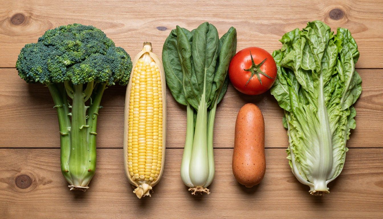 A gentle, calming flat-lay image of fresh healthy ingredients on a wooden table, representing gut health and balanced digestion.