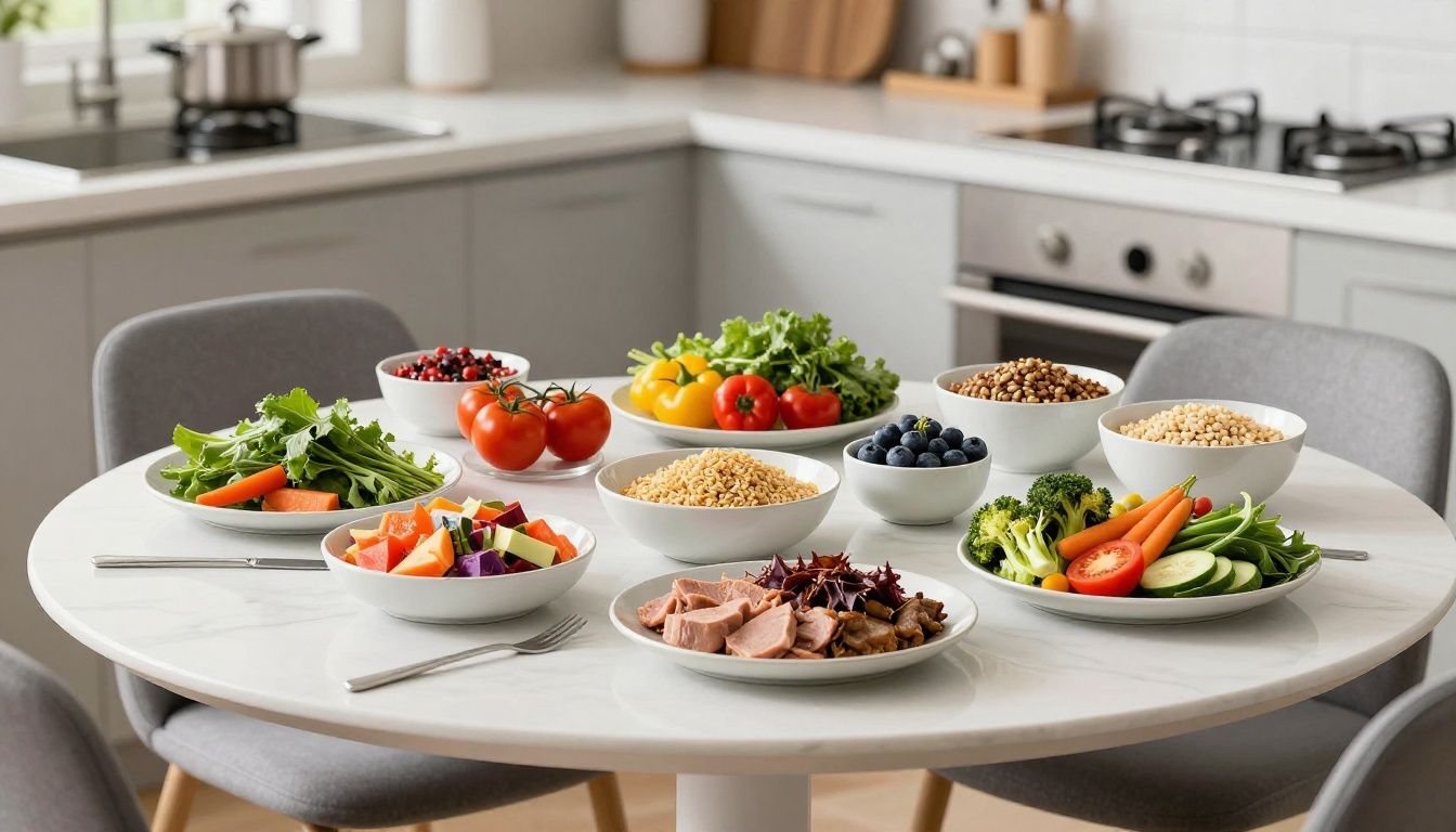 A balanced, vibrant plate of healthy whole foods including fresh vegetables, lean protein sources, and complex grains arranged on a clean, modern kitchen table.