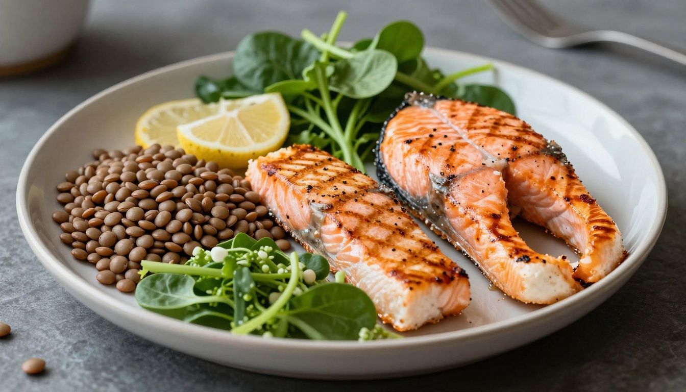 A balanced and healthy meal plate featuring a variety of high-quality protein sources like grilled salmon, lentils, and fresh greens, emphasizing wellness and nutrition.