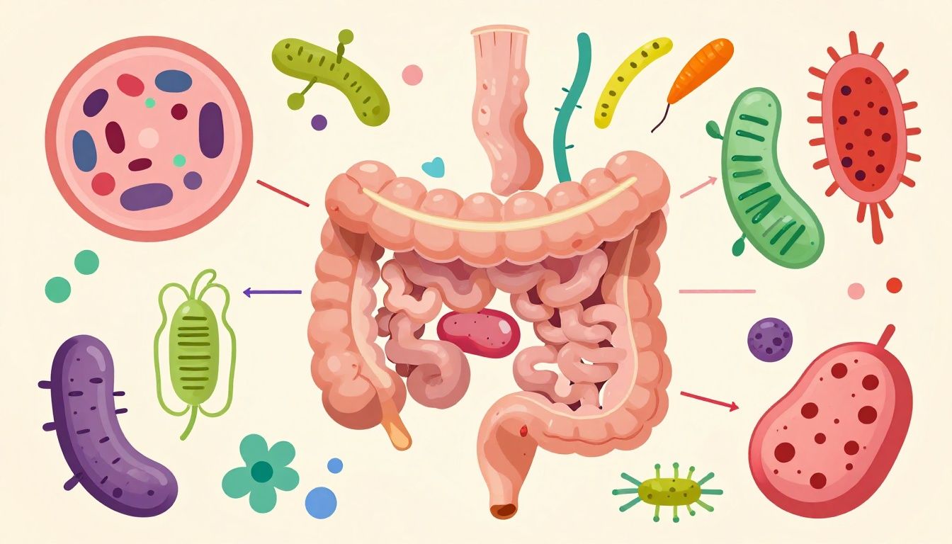 A colorful, microscopic diagram showing diverse healthy bacteria inside the human digestive tract, illustrating a vibrant gut microbiome ecosystem.