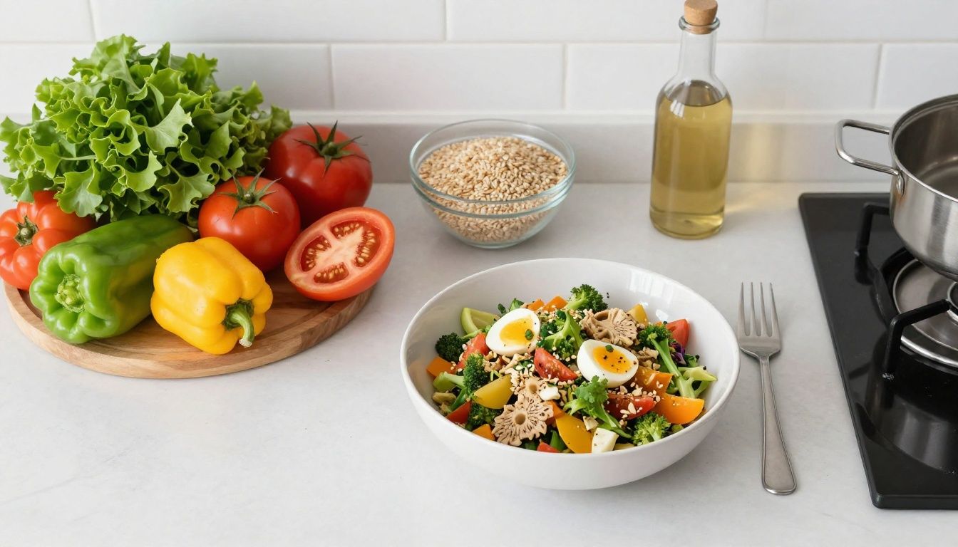 A clean, bright, and organized top-down view of a kitchen counter with fresh whole foods, including colorful vegetables, a bowl of grains, and a simple prepared meal, reflecting a balanced and manageable approach to healthy eating.