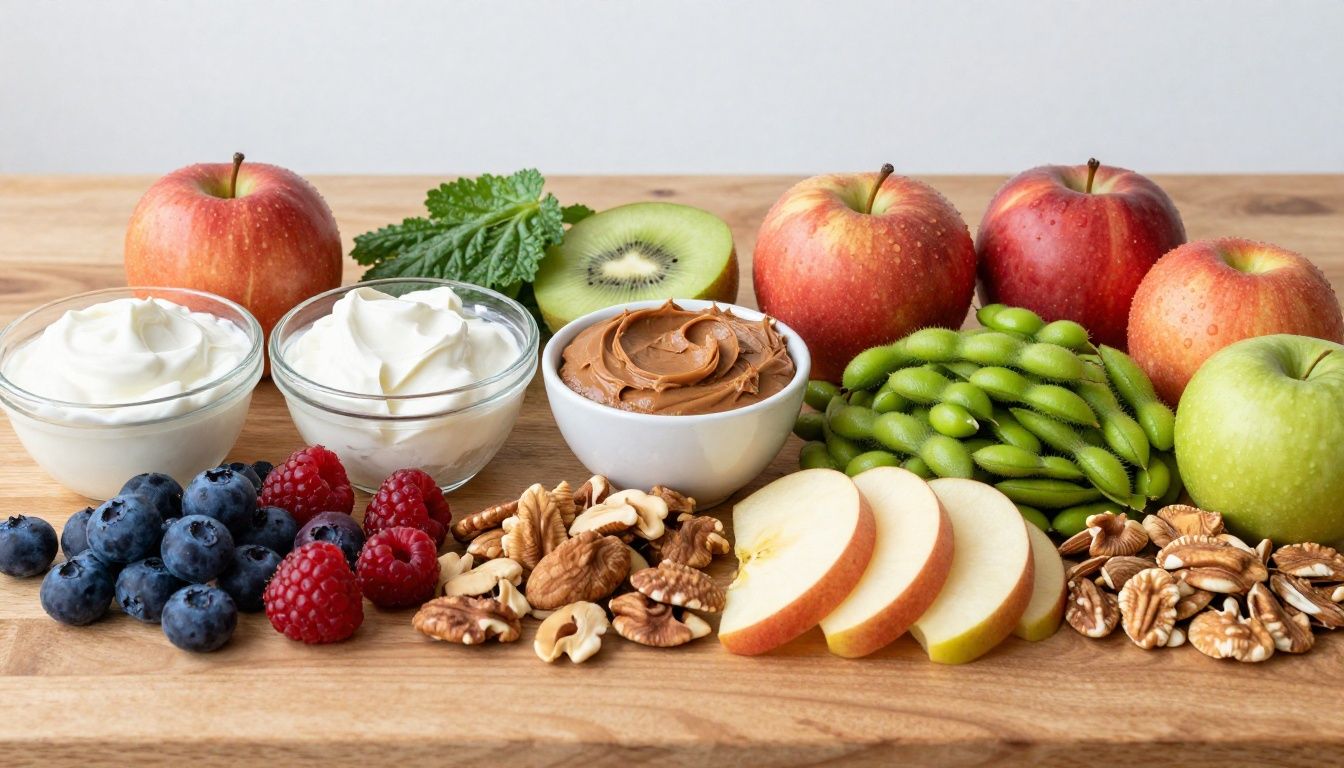 A colorful, professional arrangement of fresh whole foods on a wooden table, including Greek yogurt, berries, sliced apples with nut butter, edamame, and assorted nuts, arranged in a wide landscape format.