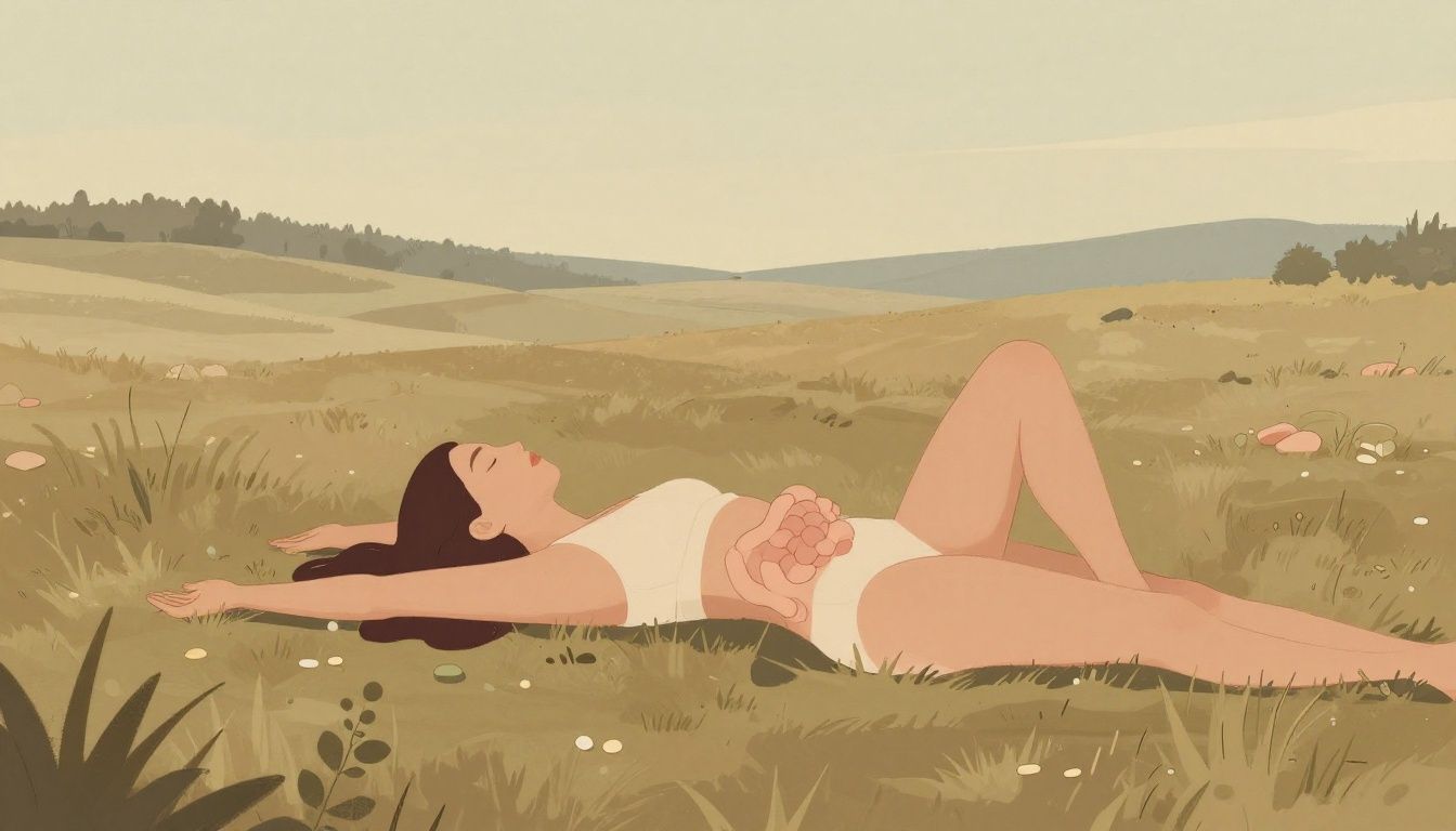 A gentle, serene, and clean landscape illustration representing internal physical balance and digestive health, with soft light, natural earth tones, and no text, pills, or medical labels.