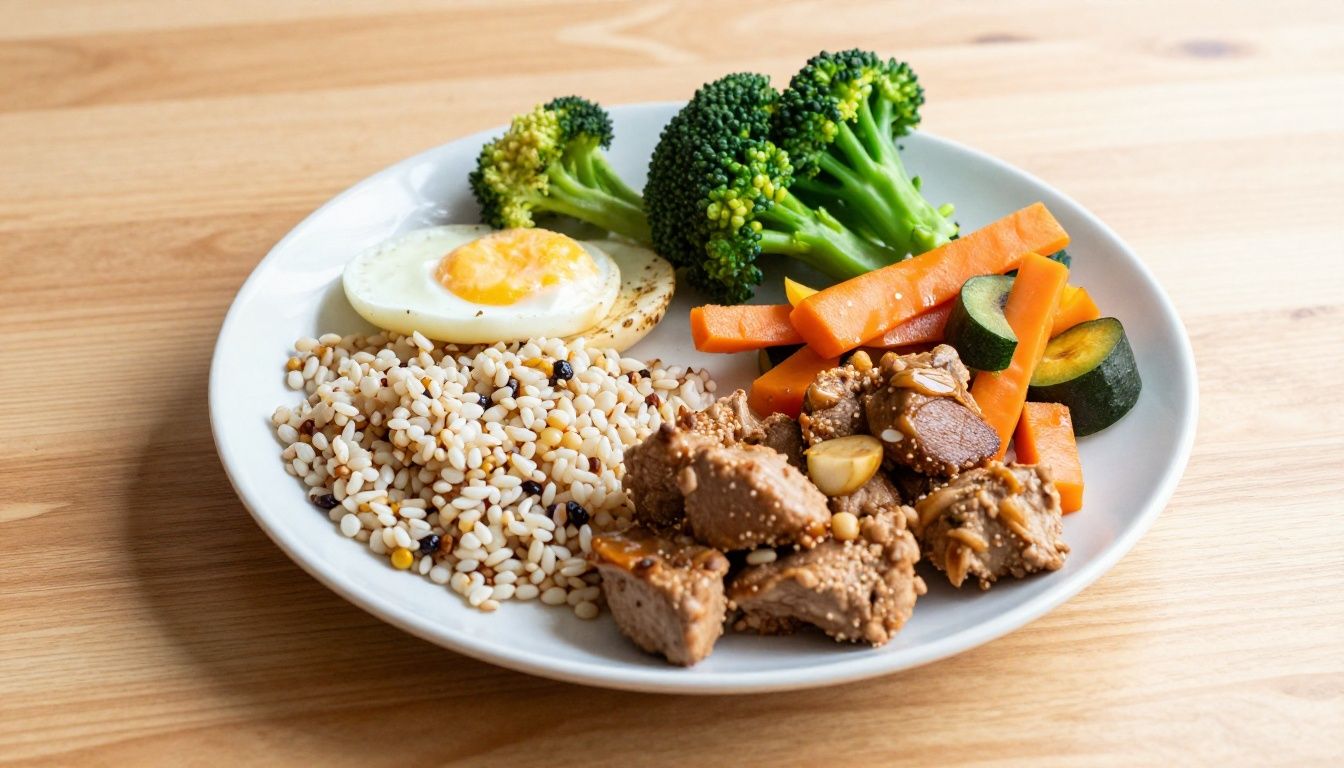 A healthy, balanced plate featuring lean protein, simple grains, and colorful low-FODMAP vegetables on a clean wooden table to illustrate IBS-friendly eating.