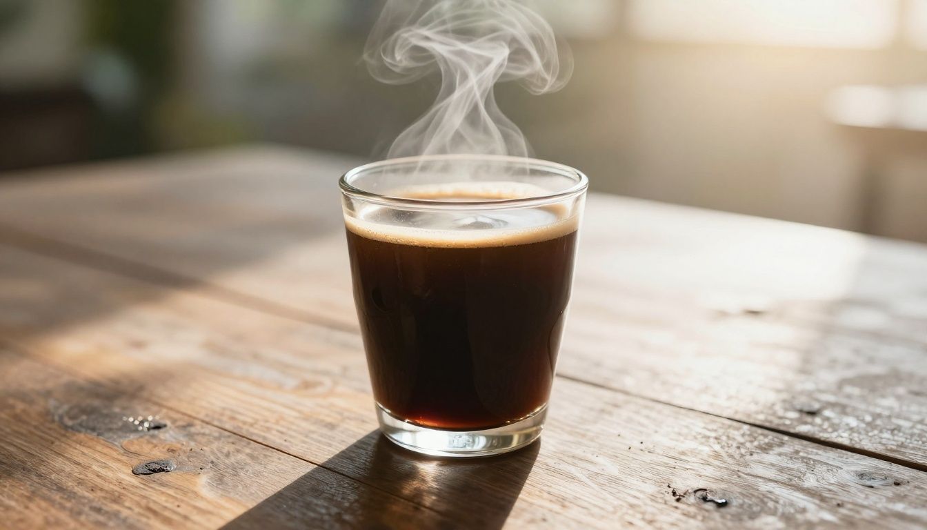 A steaming, rich cup of organic black coffee placed on a rustic wooden table in soft morning sunlight, no accessories or branding visible.