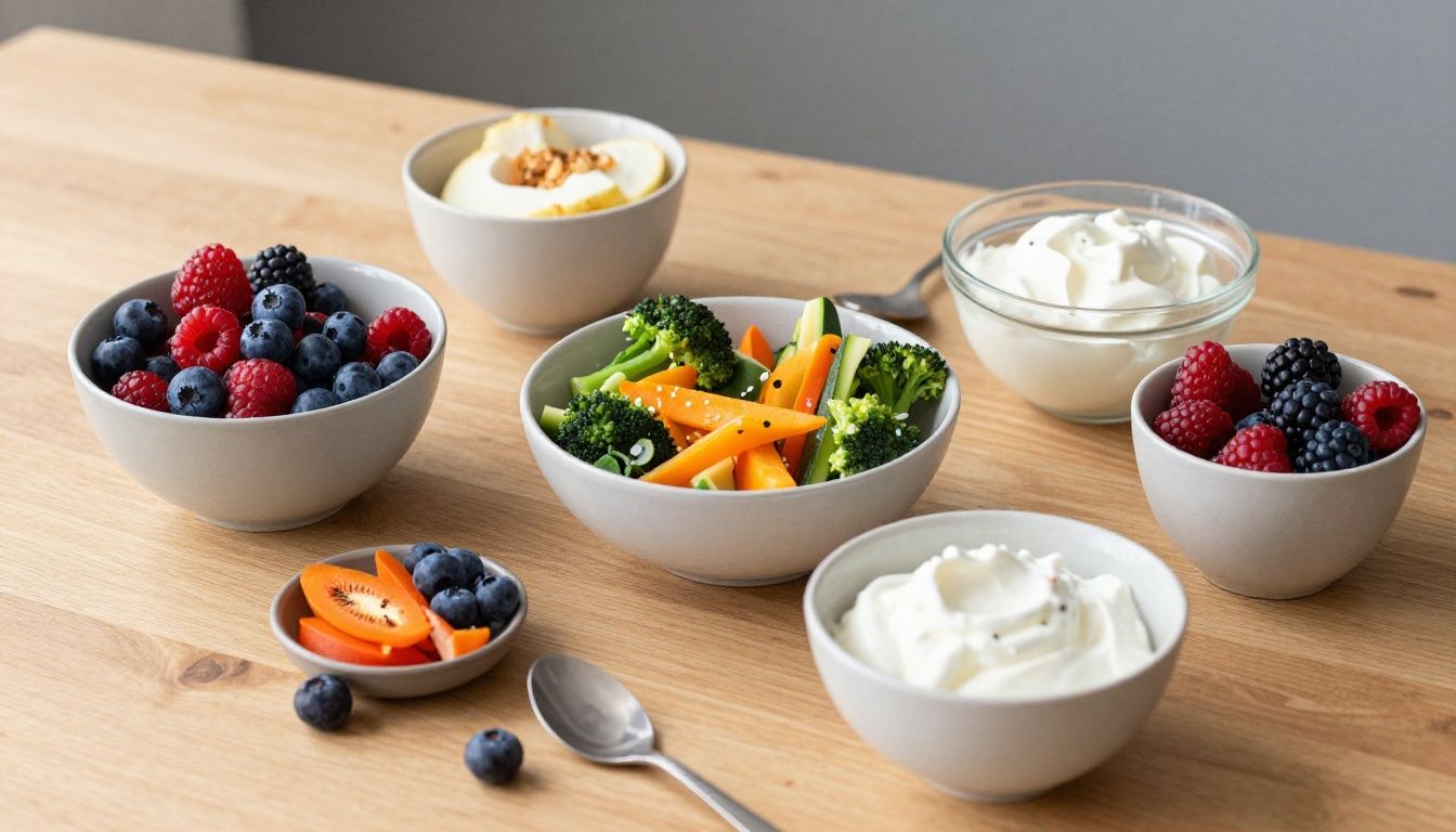 A balanced, vibrant meal featuring whole foods like fresh berries, colorful vegetables, and Greek yogurt on a clean wooden table to represent nutritious eating and balanced metabolism.