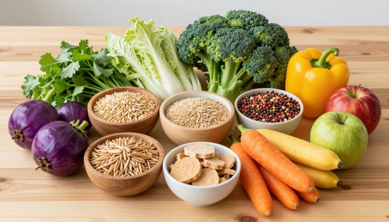 A bright, clean, and professional landscape image showing a variety of fresh, colorful whole foods like colorful vegetables, grains, and fruits arranged on a wooden table, symbolizing a balanced approach to digestive wellness with no text or products.