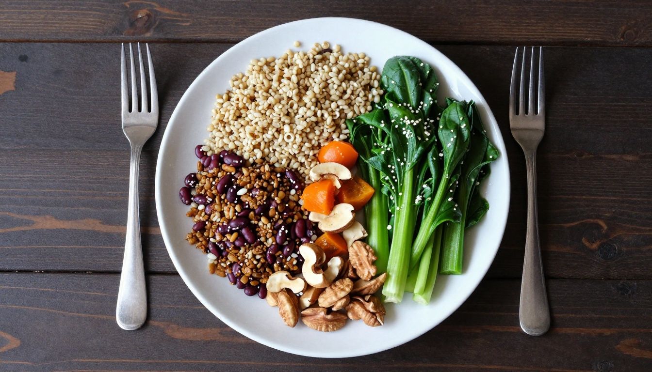 A colorful, vibrant flat-lay of a balanced plant-based plate featuring whole grains, legumes, fresh vegetables, and nuts, representing a healthy and nutritious meal.