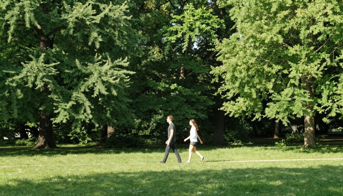 A wide landscape view of an active, happy person enjoying a morning walk in a lush green sunlit park, minimalist style, bright and inviting, no text or watermarks