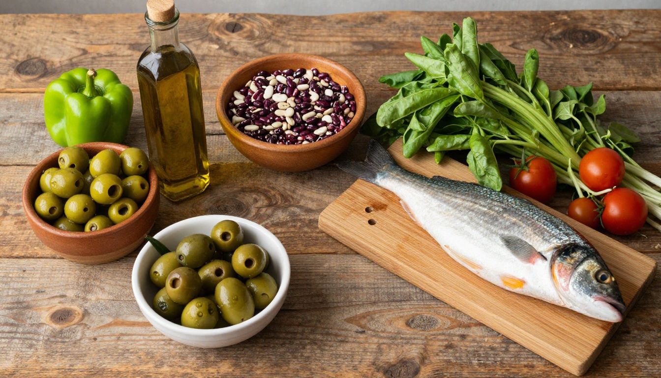 A rustic wooden table displaying various components of a Mediterranean diet including olive oil, fresh vegetables, fish, and legumes.