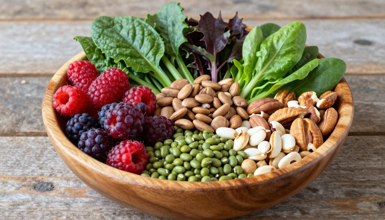 A colorful, vibrant wooden bowl filled with a variety of gut-healthy foods, including berries, legumes, assorted nuts, and leafy greens on a rustic kitchen table.
