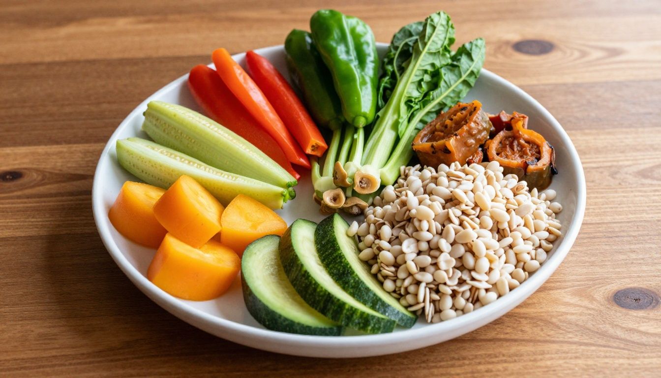 A vibrant, balanced healthy plate featuring diverse colorful vegetables, whole grains, and fermented foods on a wooden table, representing gut-friendly nutrition.