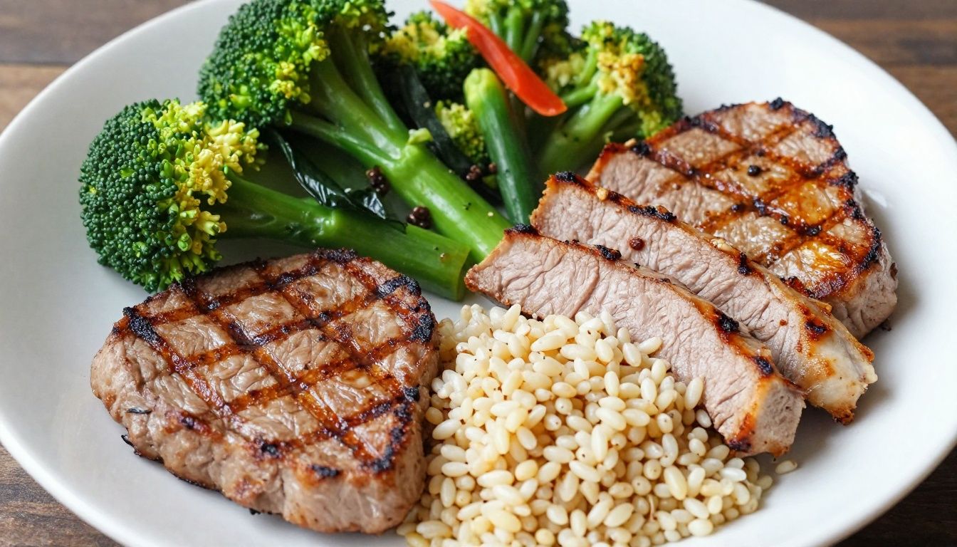 A healthy, vibrant plate of balanced whole foods including grilled lean protein, steamed vegetables, and simple grains, representing a gut-friendly meal.