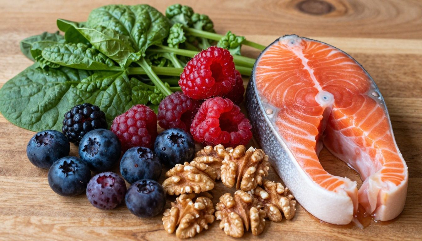 A vibrant assortment of anti-inflammatory whole foods, including colorful berries, leafy green vegetables, walnuts, and wild-caught salmon on a wooden surface.