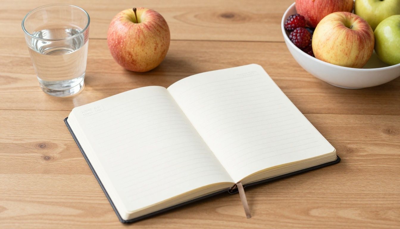 A clean, organized health journal notebook sitting on a wooden table next to a glass of water and a bowl of fresh, gut-friendly fruits like berries and apples.