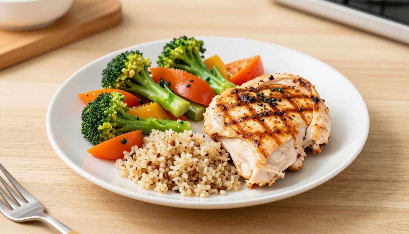 A healthy, vibrant plate featuring grilled chicken, steamed quinoa, and colorful cooked vegetables on a clean, light-colored wooden table in a well-lit kitchen setting.