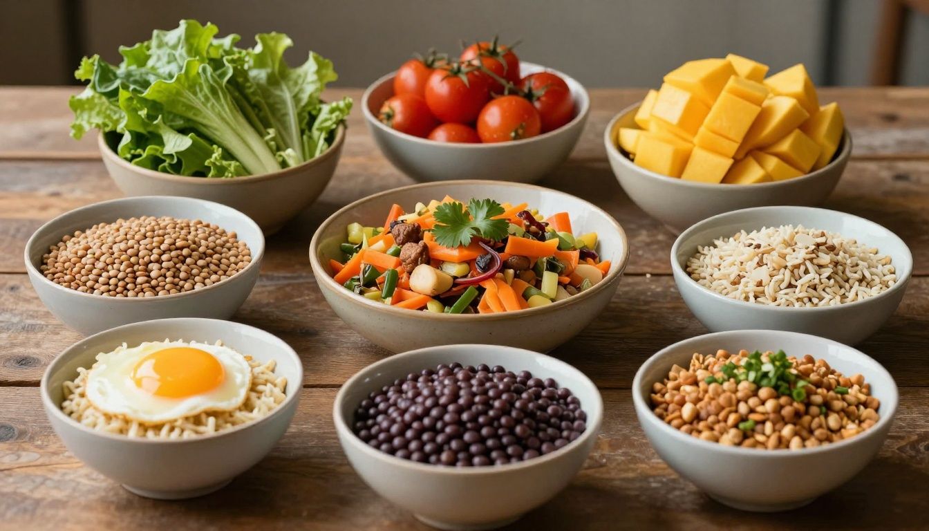 A wide, landscape-oriented image showing a colorful, balanced meal consisting of fresh vegetables, whole grains, lentils, and fruits, symbolizing a fiber-rich diet.