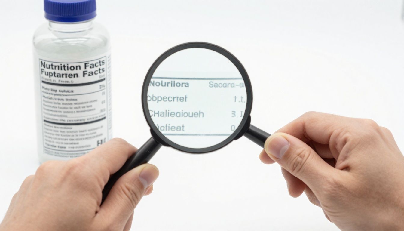 A clean, bright, top-down view of a hand holding a magnifying glass over a nutrition supplement facts label on a glass bottle, emphasizing clarity and health-conscious choices.