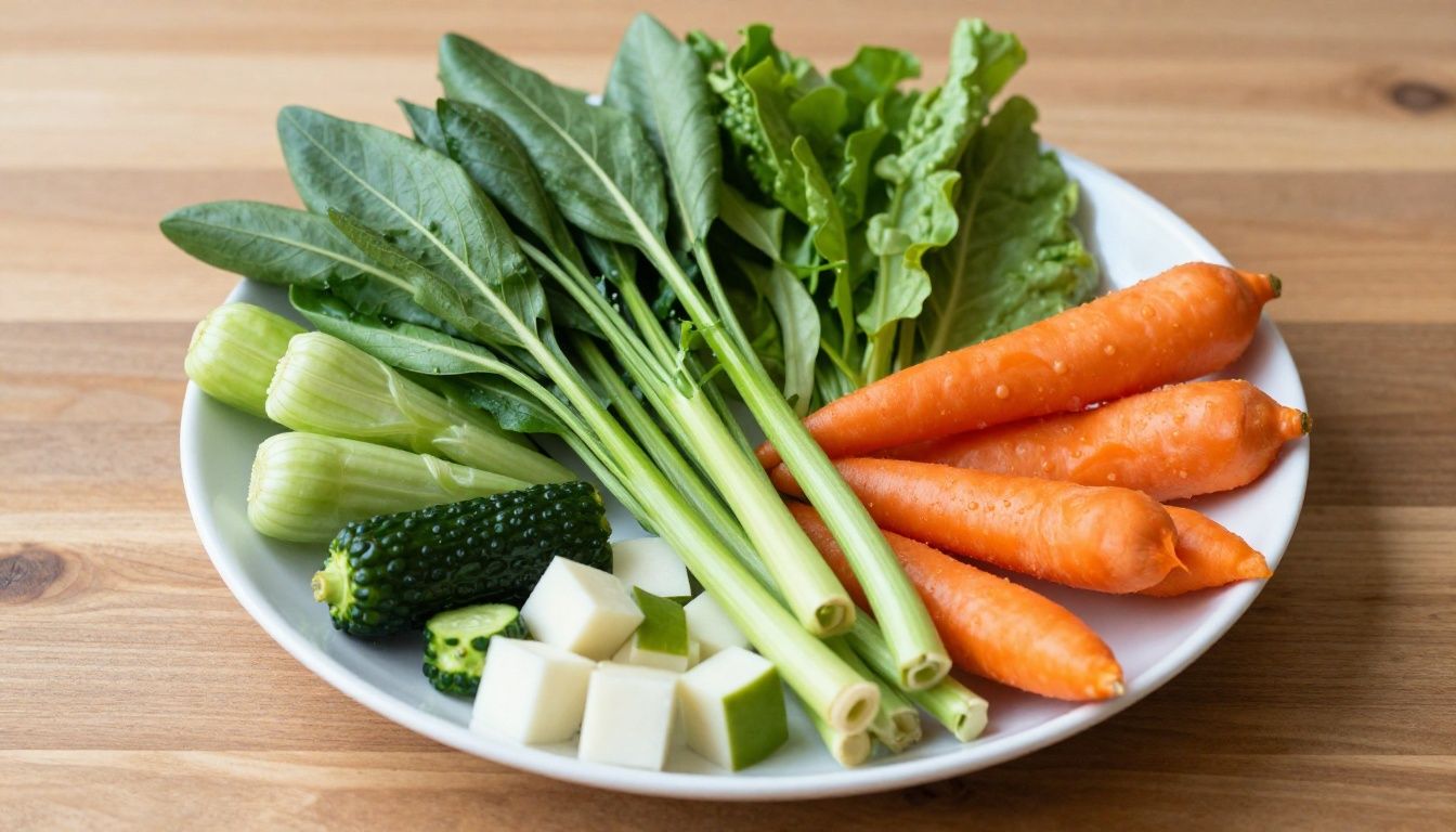 A healthy, vibrant colorful plate of fresh vegetables and proteins arranged on a wooden table, emphasizing clean, whole-food eating