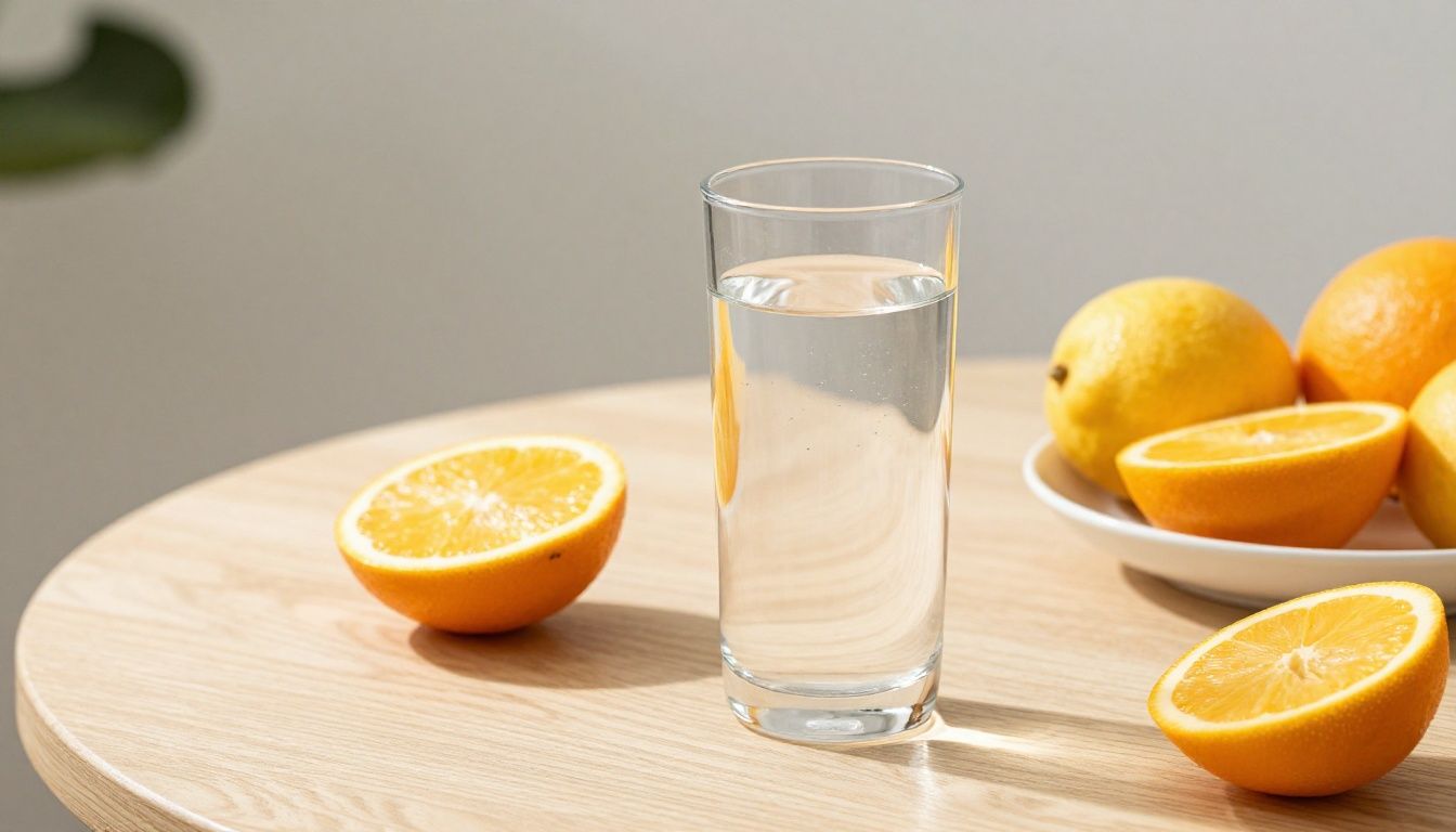 A refreshing, clear glass of water next to a bowl of fresh, hydrating fruits on a bright, minimalist wooden table, symbolizing health and wellness.