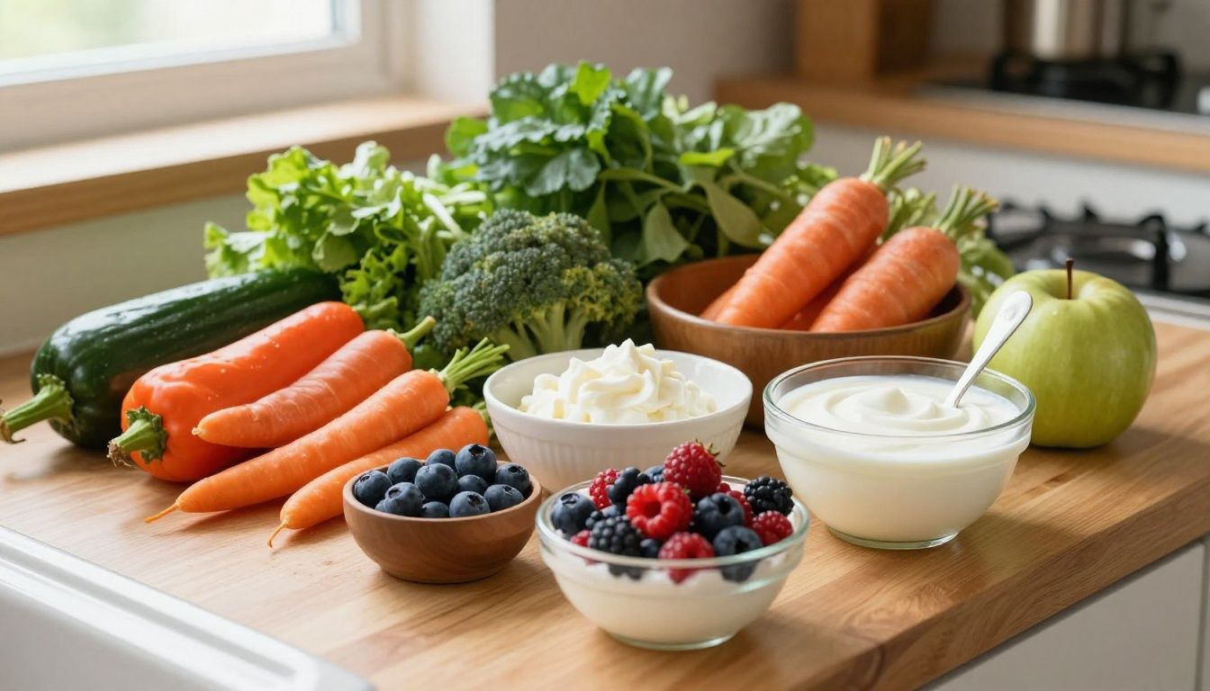 A warm, sunlit kitchen counter featuring a variety of fresh whole foods like colorful vegetables, berries, and a bowl of yogurt, representing a balanced approach to digestive health.