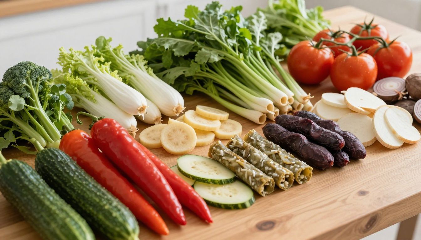 A close-up, high-quality landscape photo of various fresh, colorful vegetables and fermented healthy foods displayed on a clean wooden table to represent digestive wellness.
