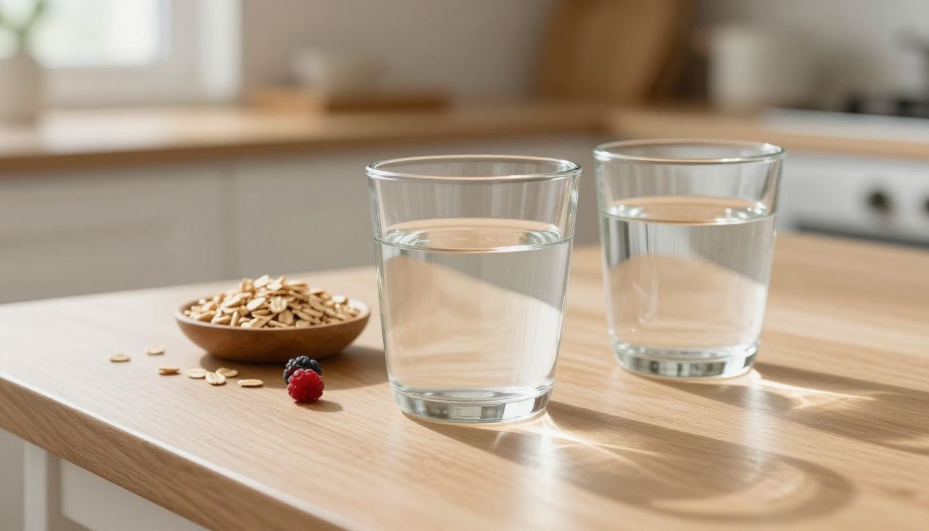 A serene, sunlit kitchen scene featuring fresh ingredients like oats, berries, and a glass of water on a clean wooden table to signify a healthy morning routine.