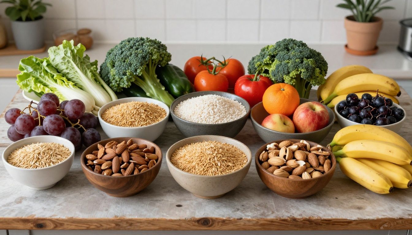 A vibrant and diverse selection of whole foods including fresh vegetables, fruits, grains, and nuts arranged on a rustic kitchen table, representing a balanced, healthy diet.