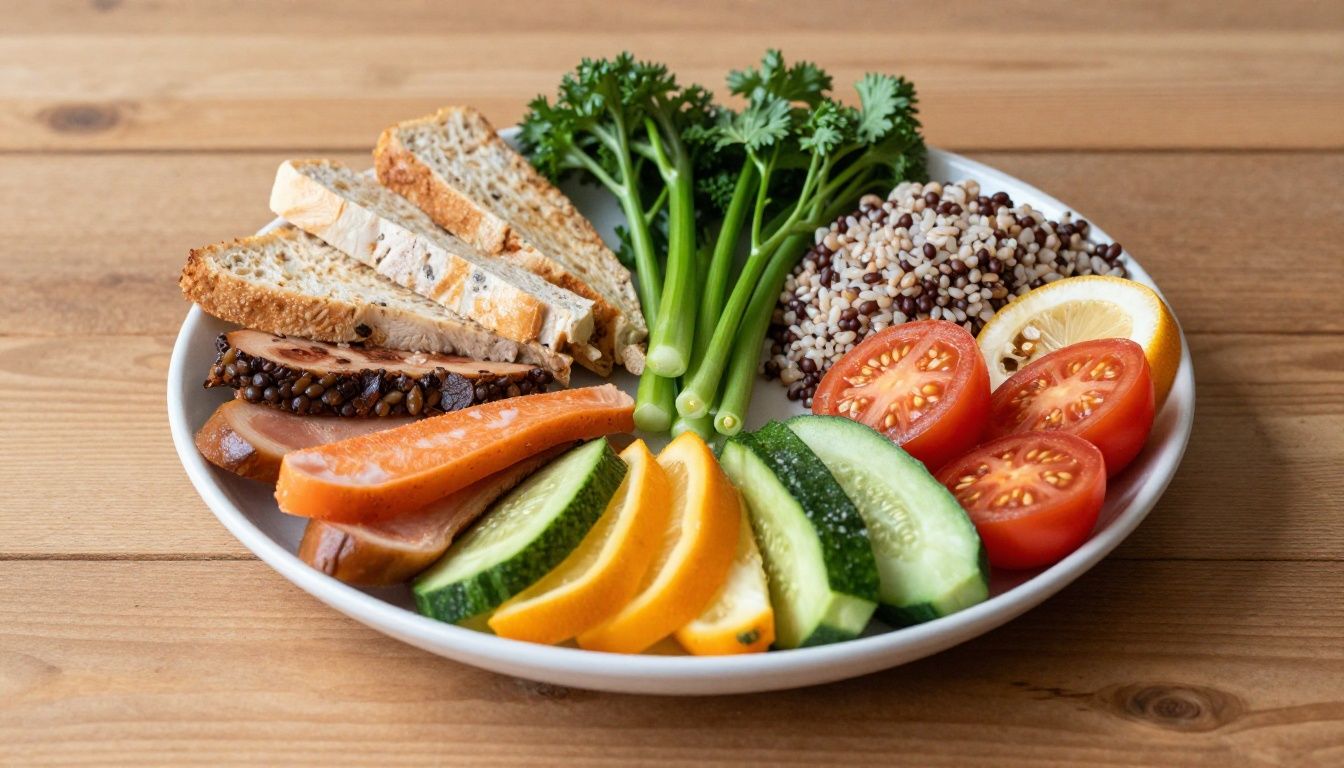 A vibrant, balanced meal plate featuring colorful vegetables, whole grains, and lean proteins arranged on a wooden table with soft natural lighting, symbolizing a gut-healthy lifestyle.