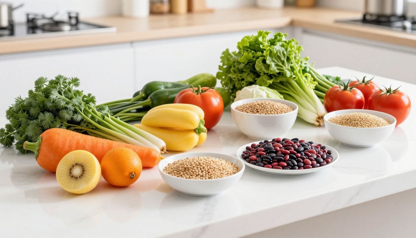 A clean, bright kitchen counter displaying a variety of fresh whole foods like colorful vegetables, fruits, whole grains, and legumes in a natural, inviting setting.