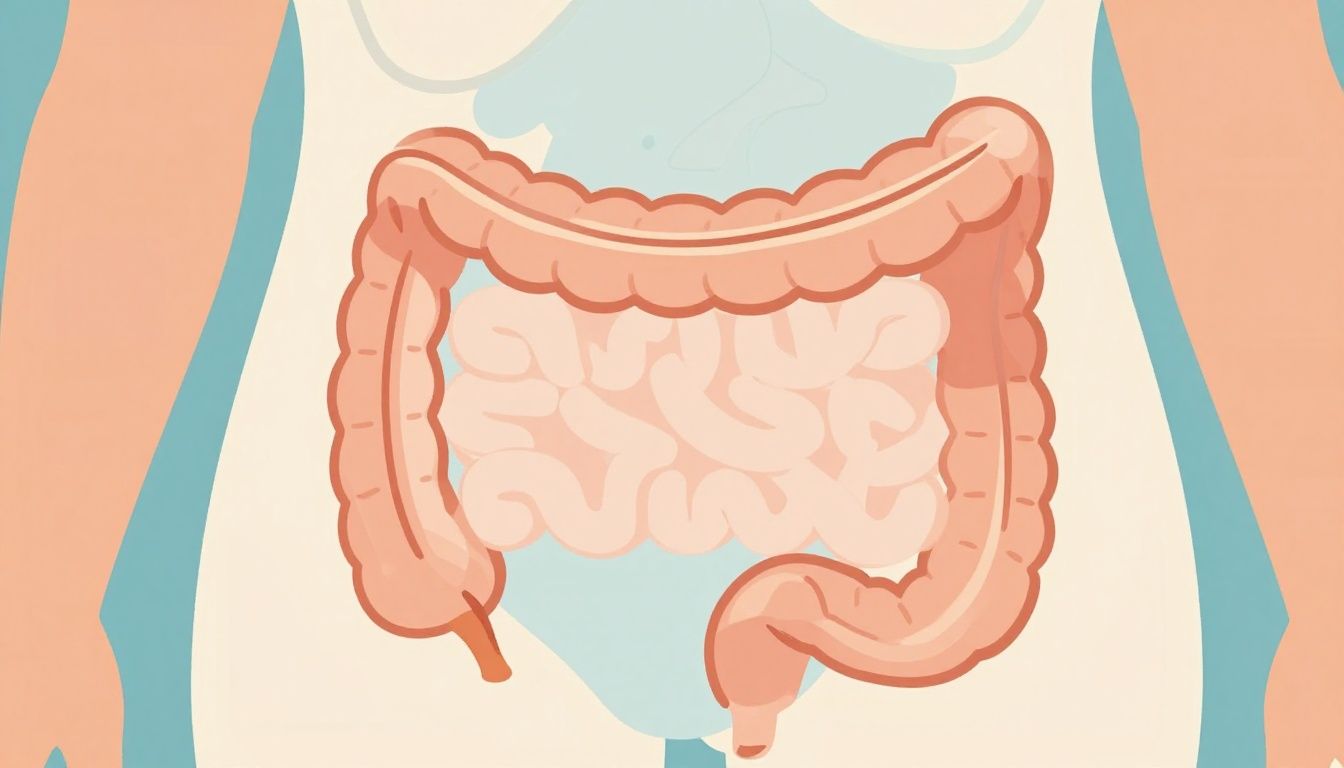 A gentle conceptual illustration of the human digestive system, showing a simplified, clean, and healthy gut lining in soft blue and warm orange tones, emphasizing balance and wellness without any text or labels.