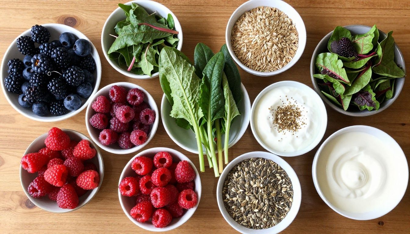 A vibrant, overhead shot of a wooden table filled with fresh, whole foods like colorful organic berries, leafy green vegetables, bowls of probiotic-rich yogurt, and diverse plant-based seeds.