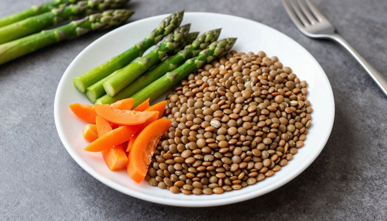 A vibrant, balanced plate featuring colorful whole foods like lentils, asparagus, and colorful vegetables, representing healthy fiber sources for optimal gut health.