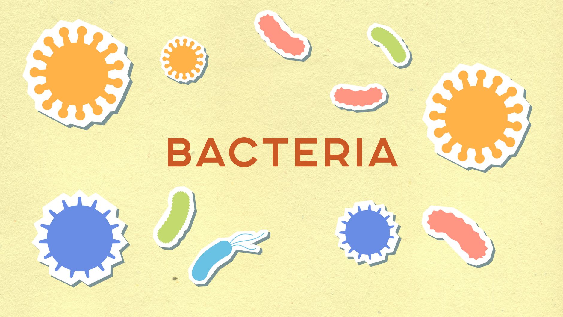 Colorful illustrated bacteria and microorganism shapes representing gut microbiome and the prebiotics vs probiotics topic