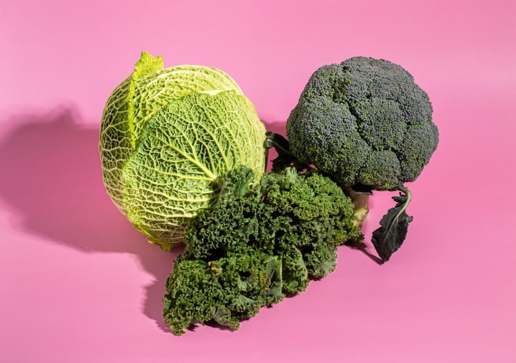 Cabbage, kale and broccoli on a bright background — fiber-rich vegetables for gut health